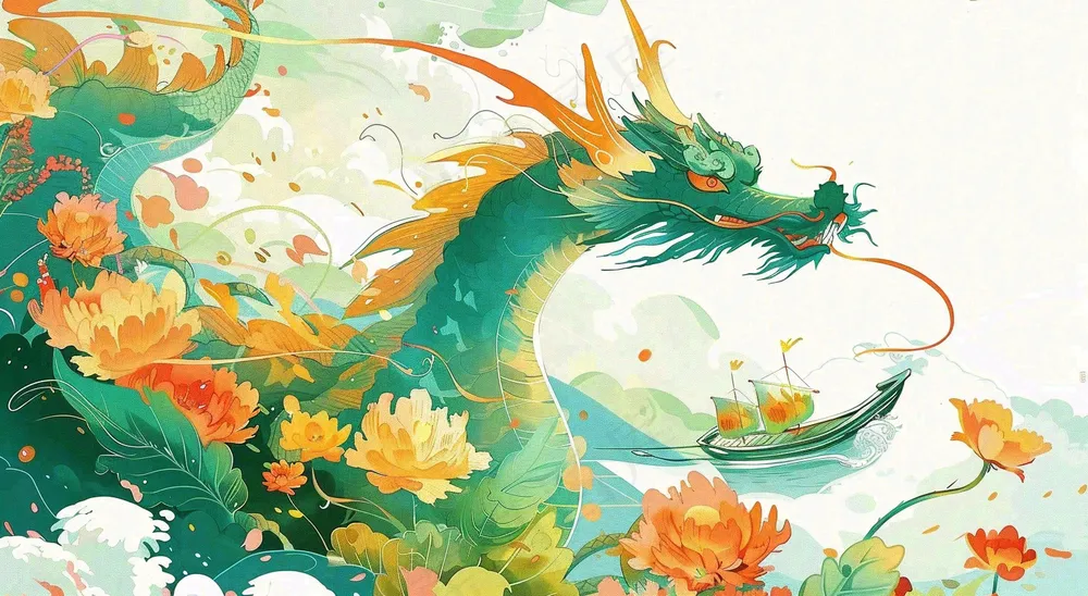 中国龙龙舟绿色创意插画端午节背景
