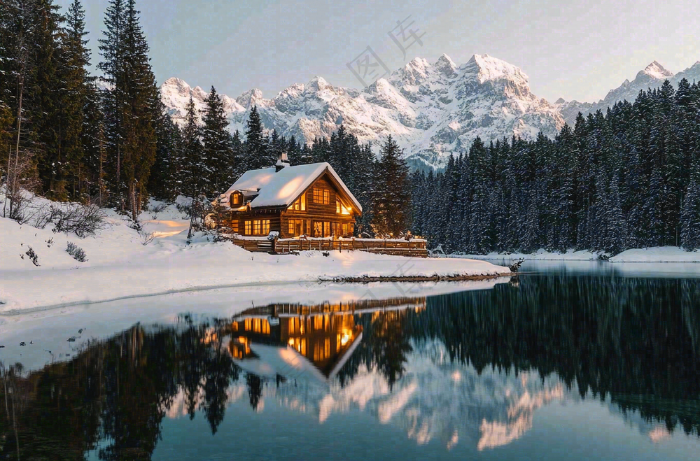 雪山下的湖泊木屋灯火大自然雪景摄影图
