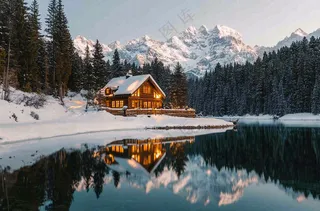 雪山下的湖泊木屋灯火大自然雪景摄影图