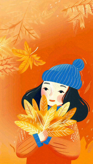 秋天女孩抱着落叶唯美卡通插画秋分立秋背景