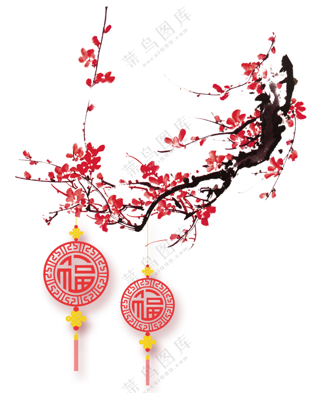福字挂饰与梅花中国画免抠PNG图片