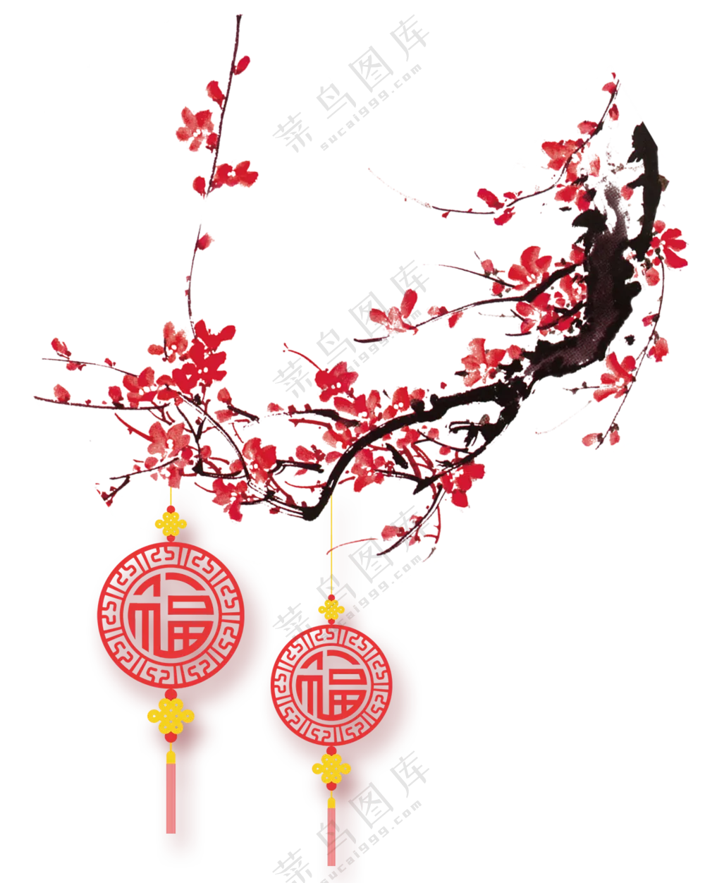 福字挂饰与梅花中国画免抠PNG图片