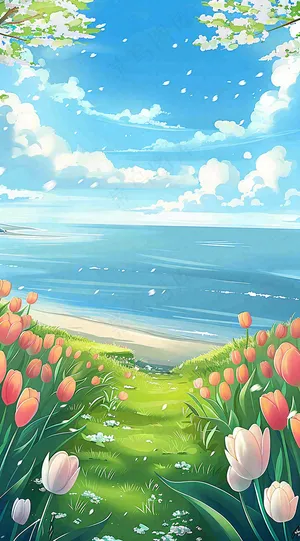 春天海边晴天蓝天白云郁金香春分插画背景
