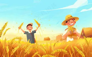 秋天农田里收谷的农民辛勤劳作芒种世界粮食日插画背景