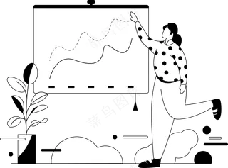 一个女生做幻灯片展示讲演 单色扁平商务插画
