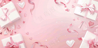 粉色丝带礼盒爱心浪漫女生节妇女节情人节七夕立体插画背景