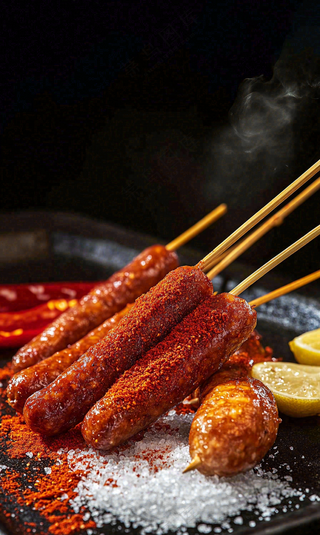 烤火腿肠煎辣椒面香辣美食小吃摄影图