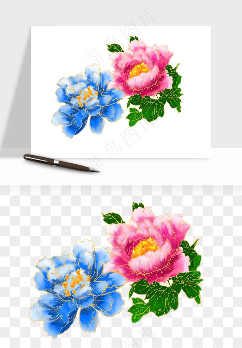 手绘国潮牡丹花花卉图案png免抠