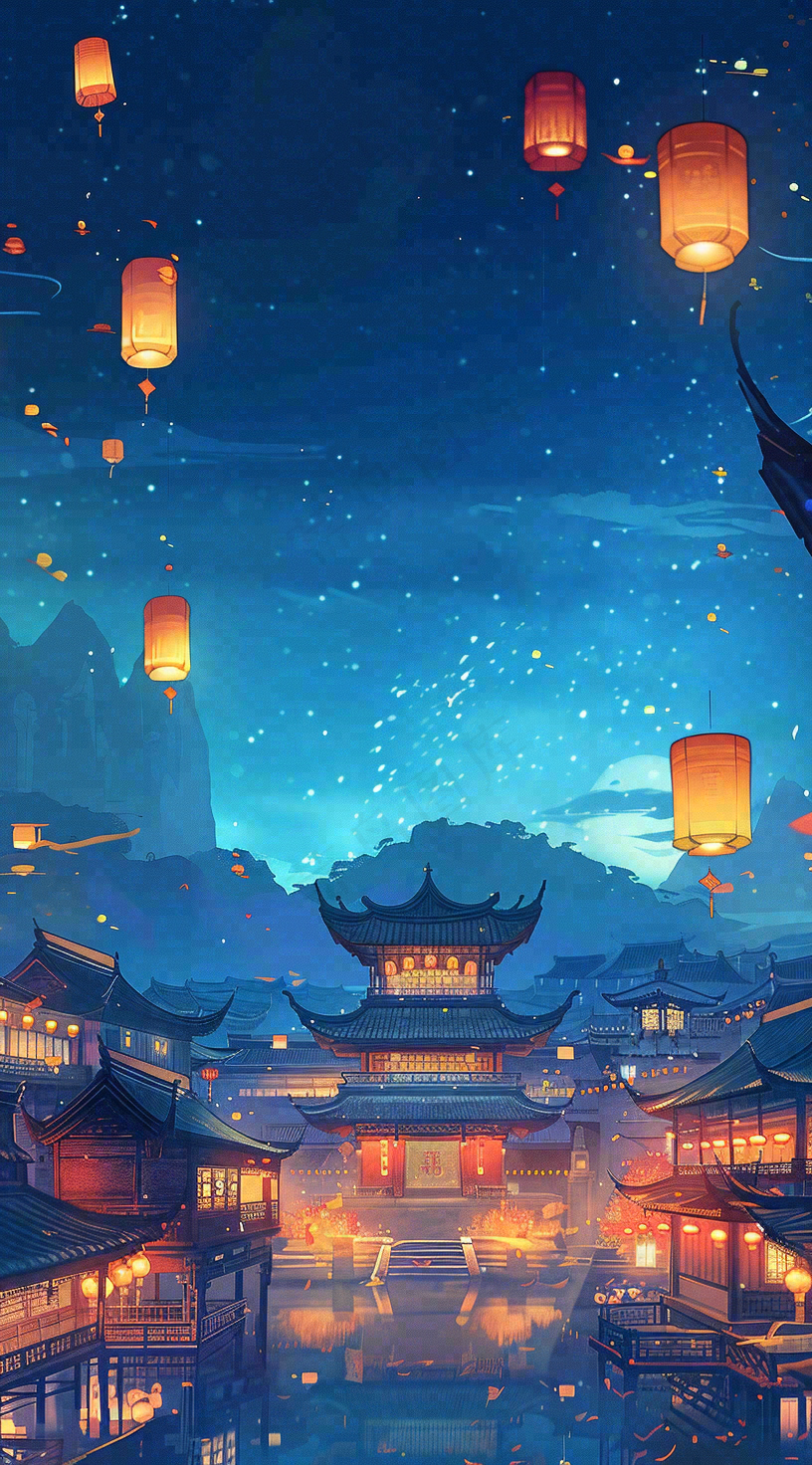 夜晚点灯孔明灯祈福中元节寒衣节插画背景