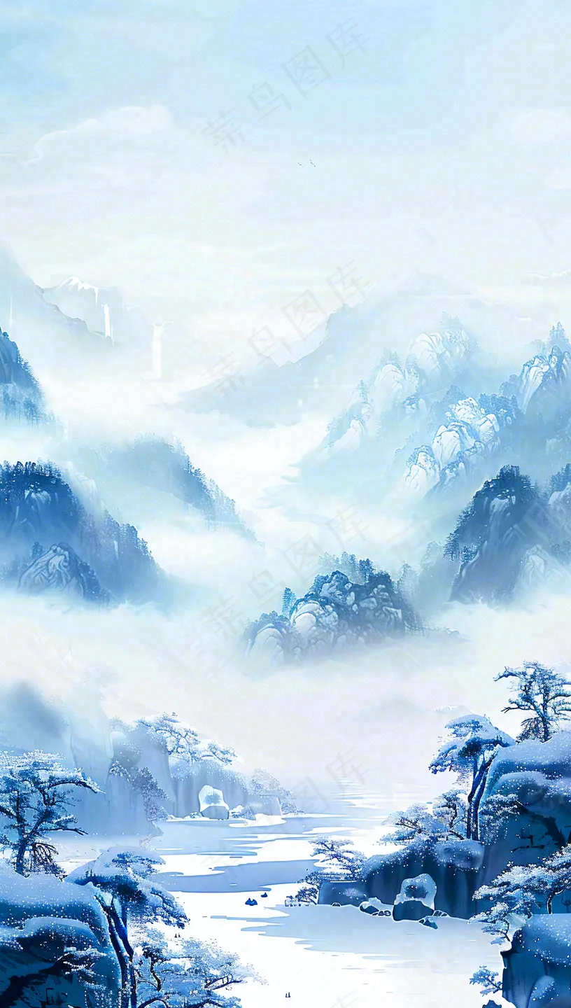 冬天白雪覆盖寒冷唯美雪景小寒插画背景