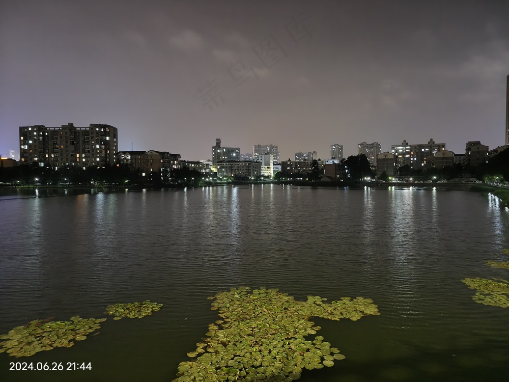 灯火照亮河面水草