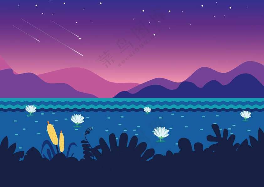夜晚自然山水湖面天空背景场景矢量素材