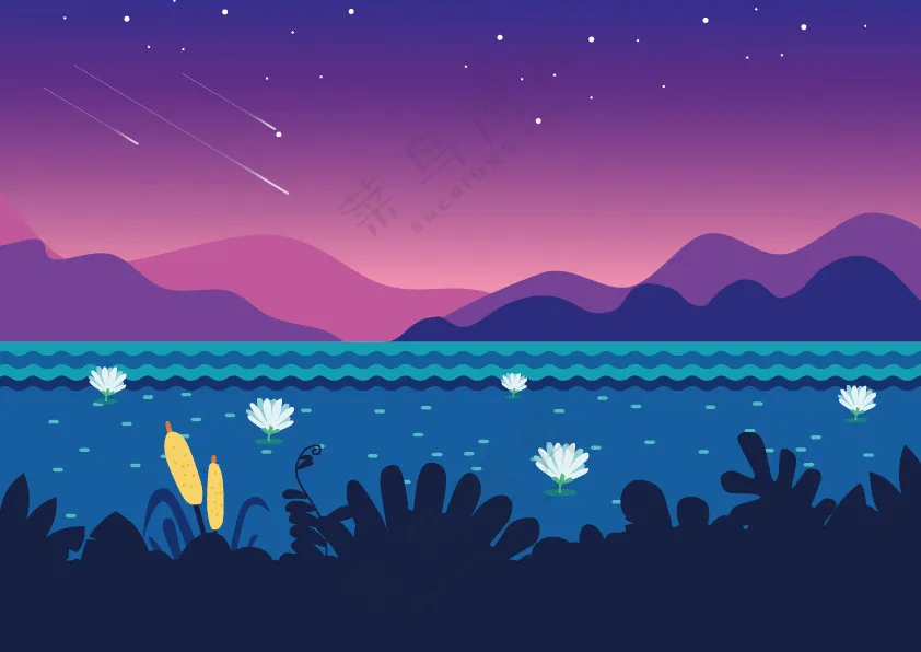 夜晚自然山水湖面天空背景场景矢量素材