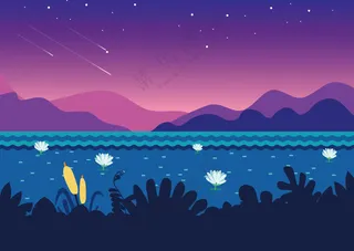 夜晚自然山水湖面天空背景场景矢量素材