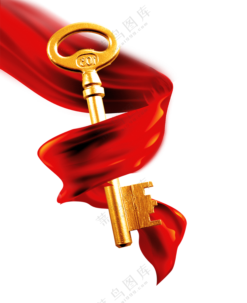 红飘带缠绕着的金钥匙免抠图片素材