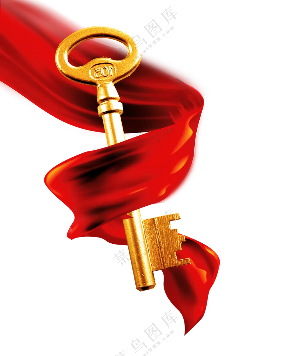 红飘带缠绕着的金钥匙免抠图片素材