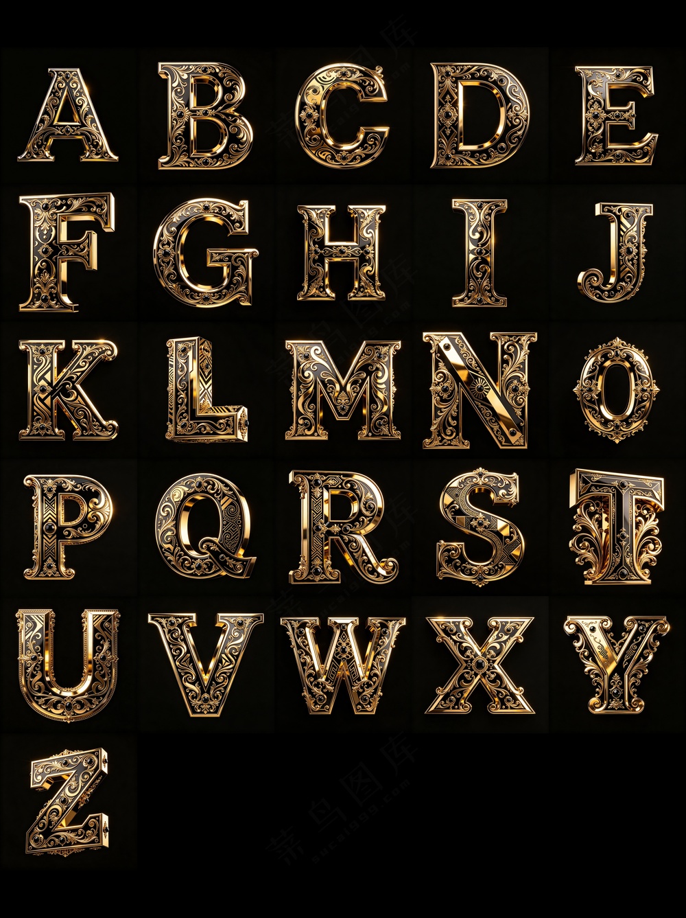 3D巴洛克金属风格3D艺术字英文字母A-Z