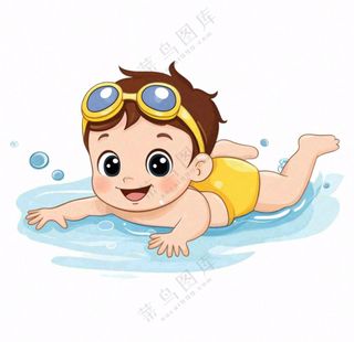 学习游泳的学生儿童卡通插画免抠