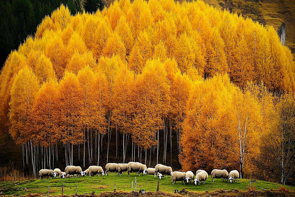 秋天风景黄色的树木森林羊群大自然风光摄影图