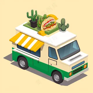 墨西哥塔可taco餐车 2.5D扁平插画