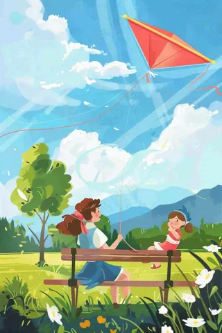 母亲节妈妈陪伴着孩子外出插画背景