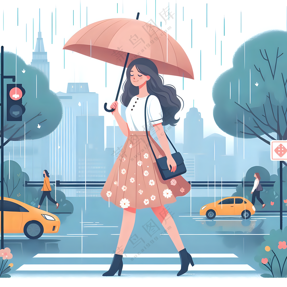 下雨天城市街头卡通女孩