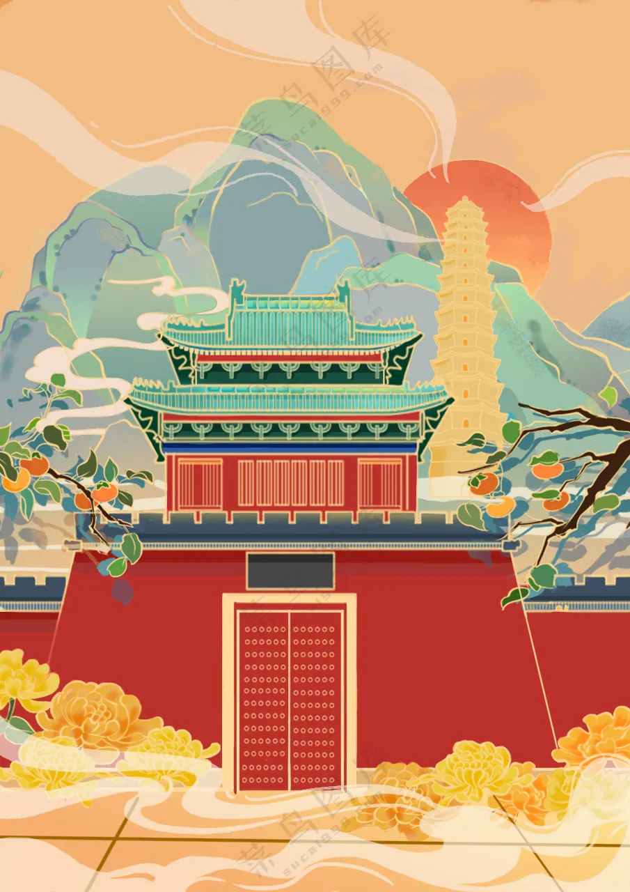 国潮文创红砖插画
