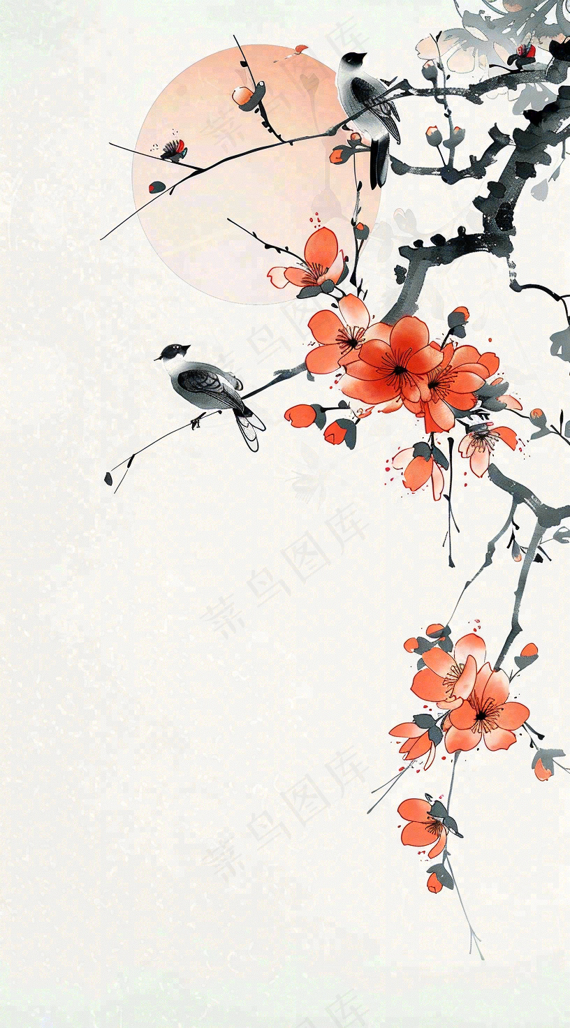 秋天凄冷树枝鸟儿花国风插画立秋白露寒露秋分背景