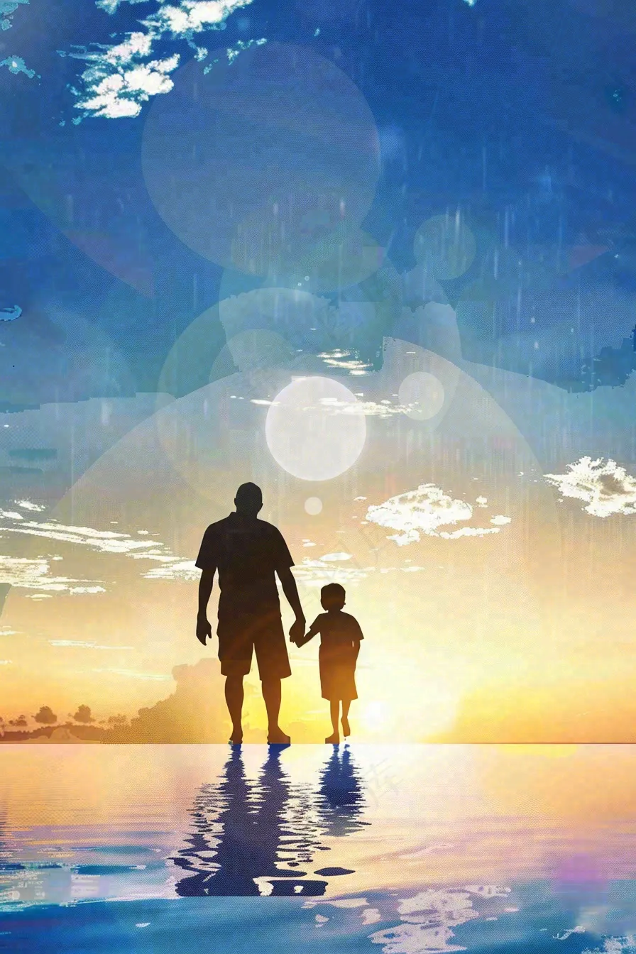 父亲节爸爸和孩子剪影亲情温馨插画背景