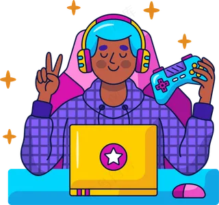 男生带耳机打游戏 美式多巴胺插画 免抠透明底