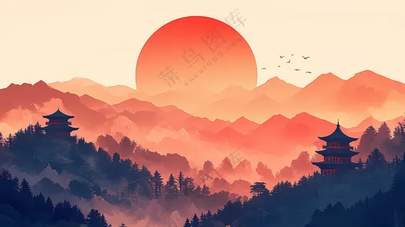 新年春节招贴海报节日背景素材红日东升远山