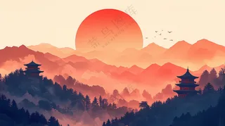 新年春节招贴海报节日背景素材红日东升远山