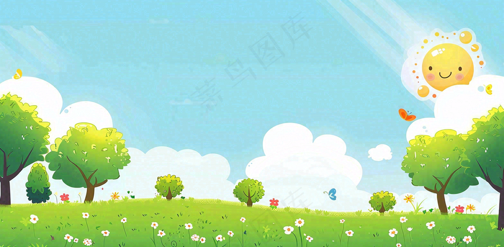 太阳白云草坪大树儿童节卡通插画背景