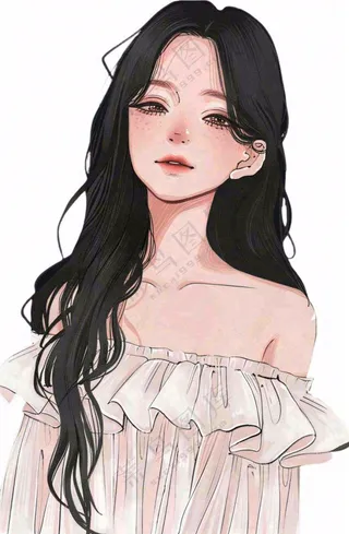 白色衣服的长头发少女美丽人物卡通插画免抠