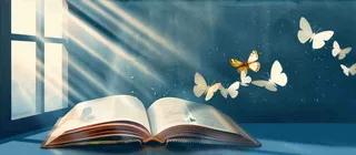 阅读书本翻开蝴蝶纷飞阳光透过窗户知识遨游世界读书日创意卡通插画背景