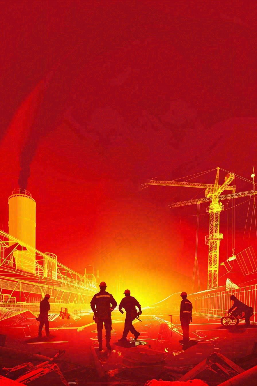 红色工地指挥工人职业人物剪影劳动节插画背景