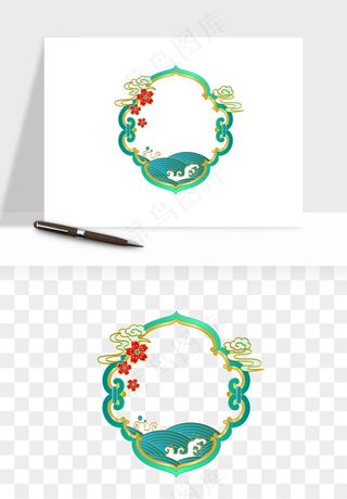 国潮风祥云浪花圆形矩形边框png免抠