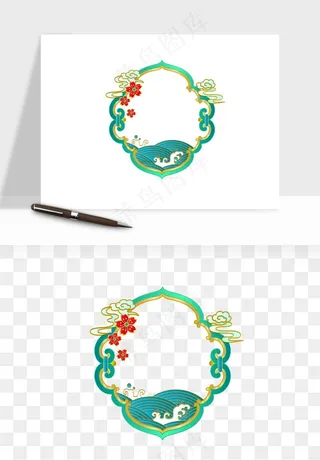 国潮风祥云浪花圆形矩形边框png免抠