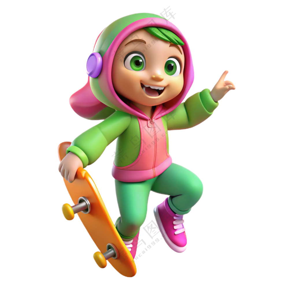 立体3D人物玩滑板女孩 免扣素材 PNG 透明背景2