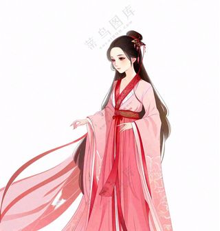 红色衣裙的古风人物少女插画免抠