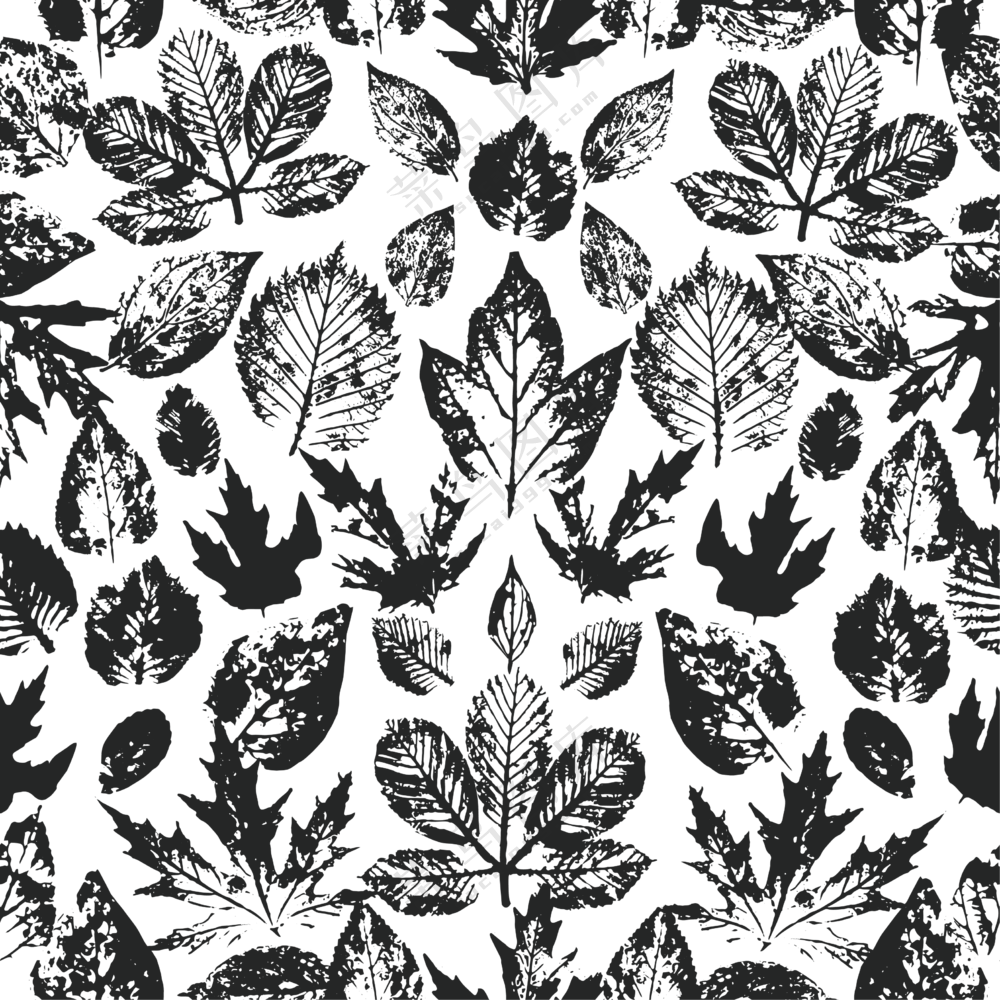 黑白颓废效果树叶无缝图案免抠素材