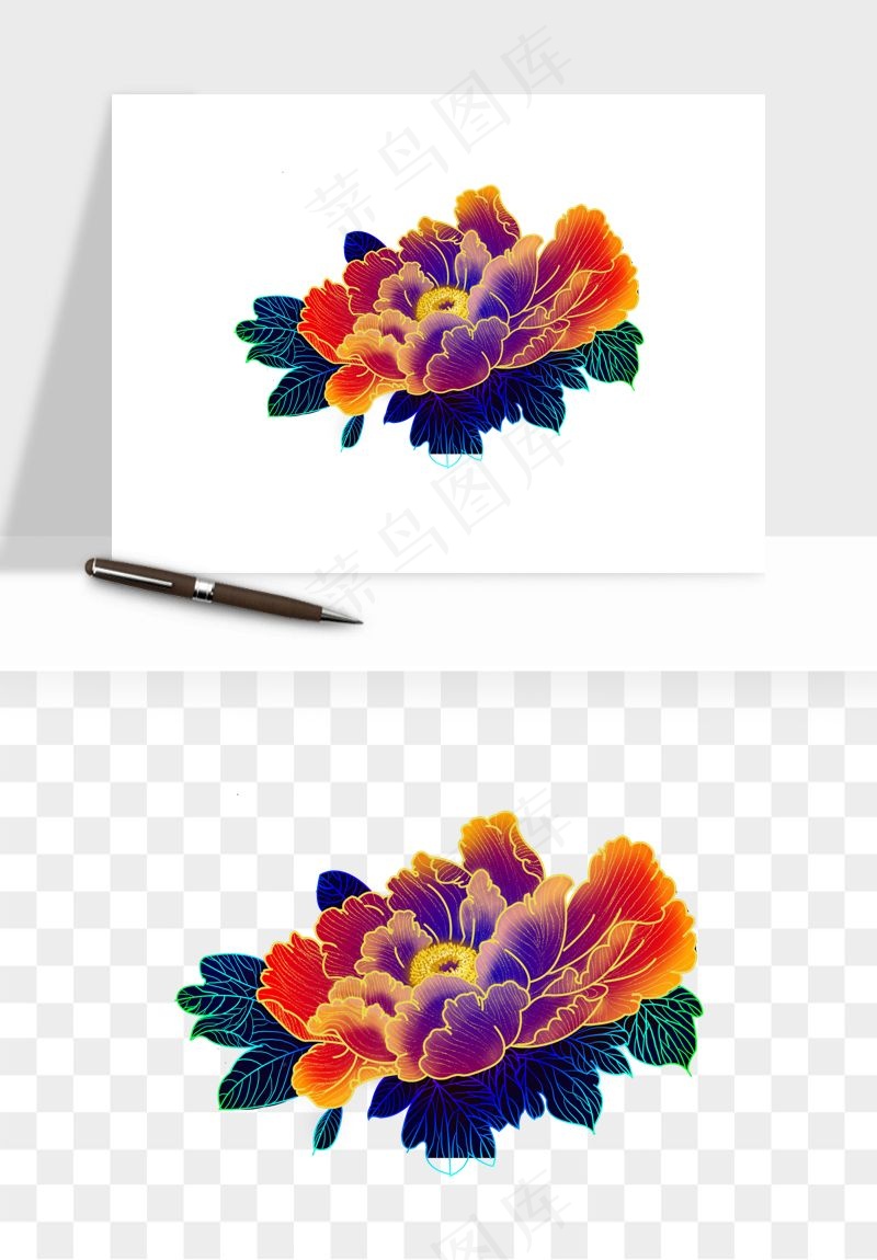 手绘国潮牡丹花花卉图案png免抠