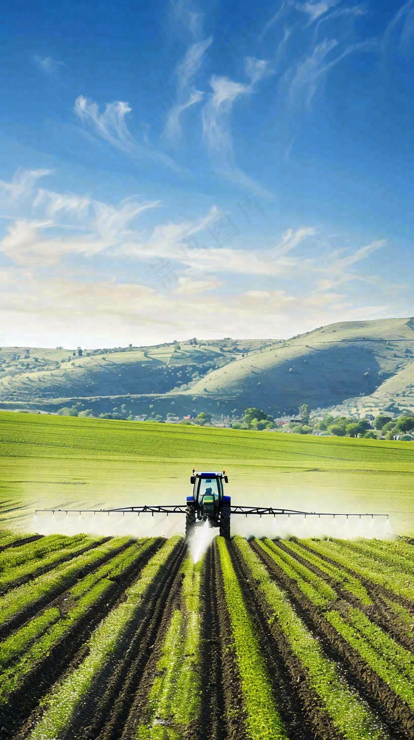 农田庄稼里耕种的机器农忙劳动节摄影图