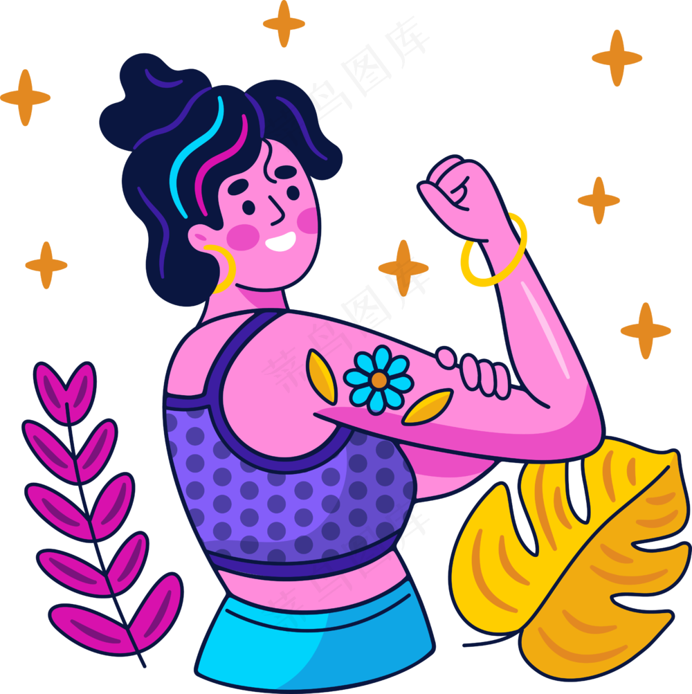 女生开心健身健美 美式多巴胺插画 免抠透明底