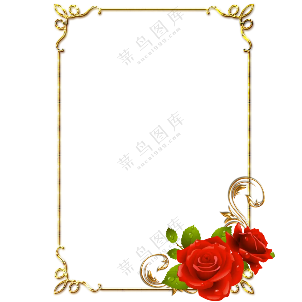 红色玫瑰花装饰的金色边框免抠图片