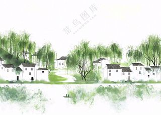 江南水乡水墨画村落柳树插画免抠