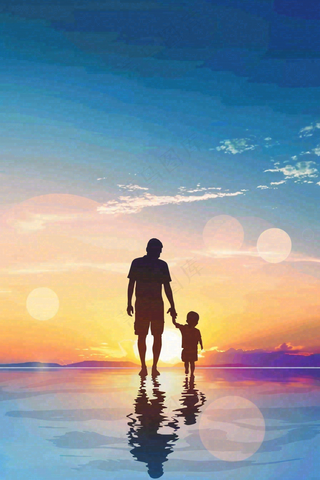 父亲节爸爸和孩子剪影亲情温馨插画背景