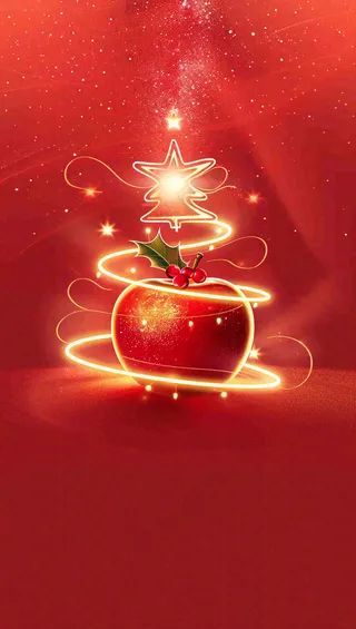 平安夜创意插画红苹果金色圣诞树线条围绕插画背景