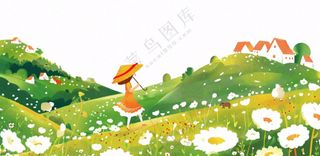 田园山川村庄绿色卡通插画免抠