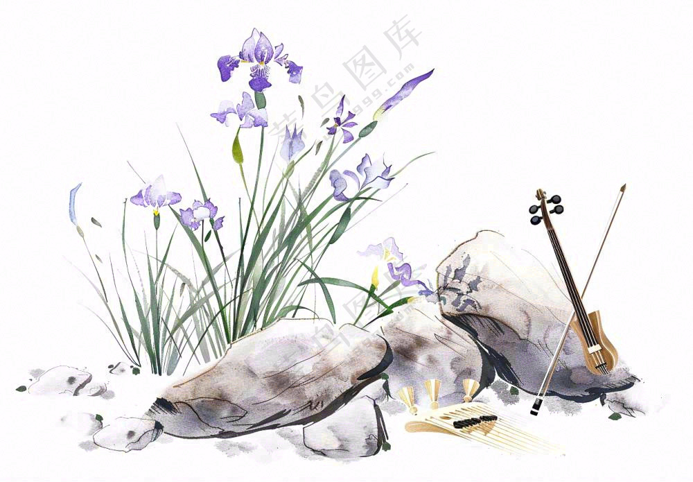 水渠石头旁紫色兰花生长蝴蝶水墨画插画免抠